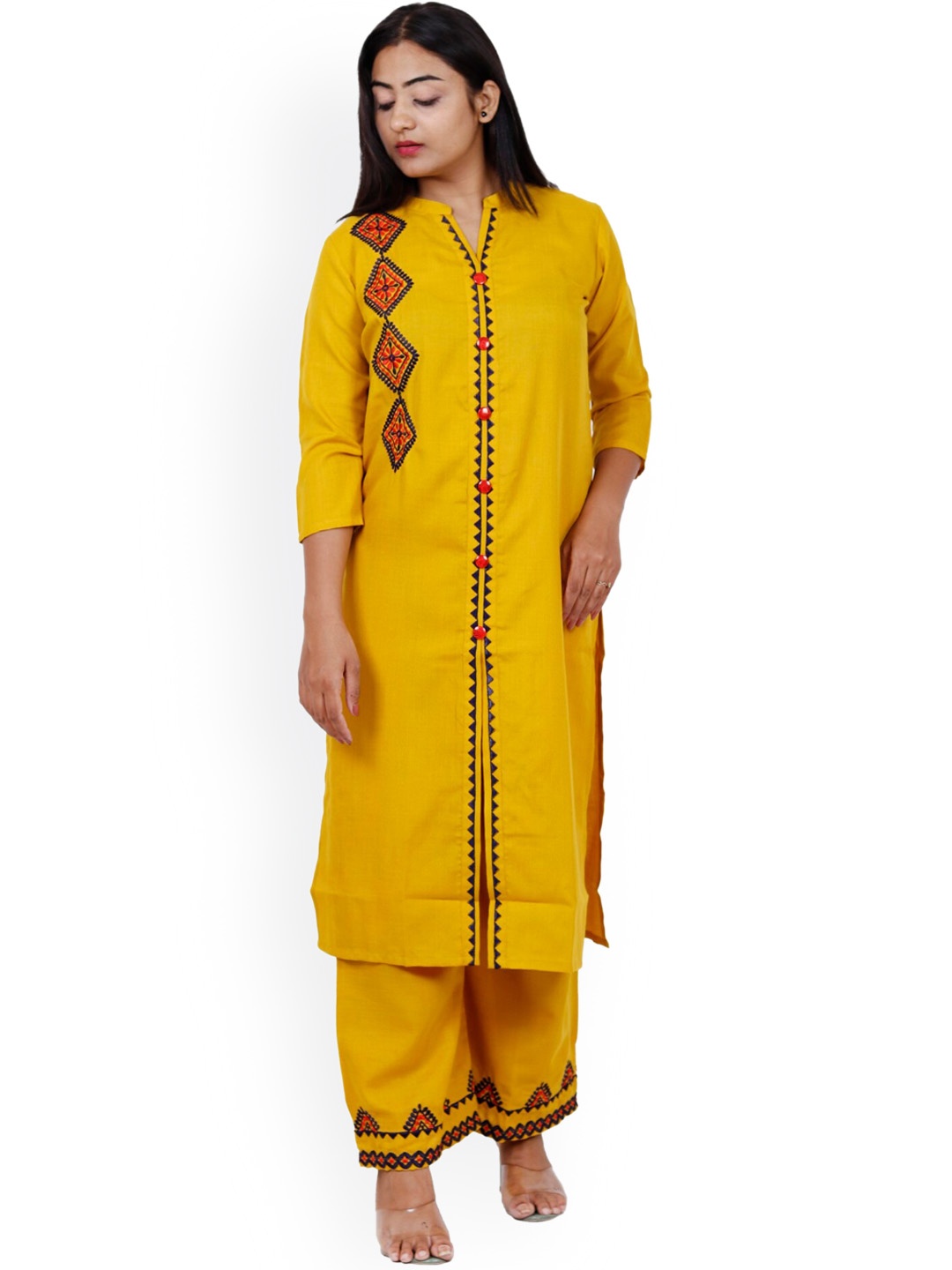 

NAVGYA Geometric Embroidered Kurta with Palazzos, Yellow