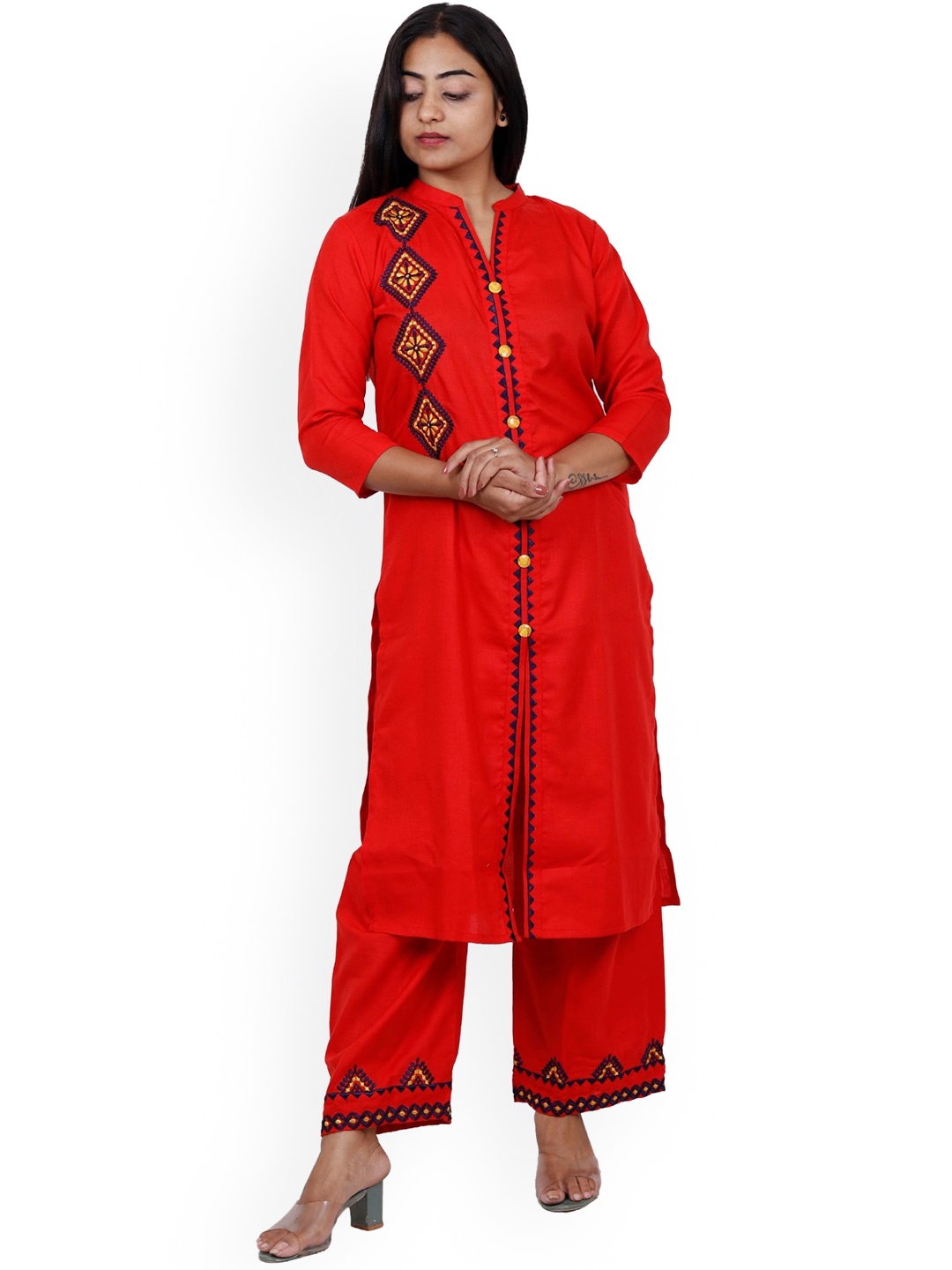 

NAVGYA Ethnic Motifs Embroidered Mandarin Collar Regular Kurta With Palazzo, Red