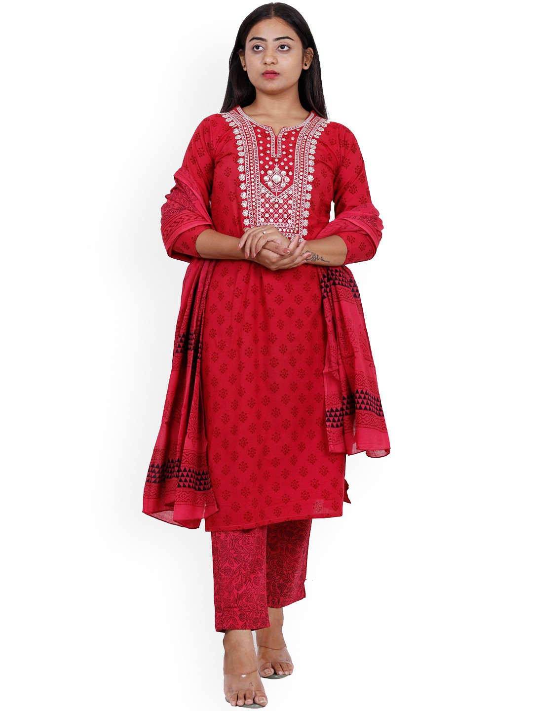 

NAVGYA Ethnic Motifs Printed Thread Work Pure Cotton Kurta with Salwar & Dupatta, Red