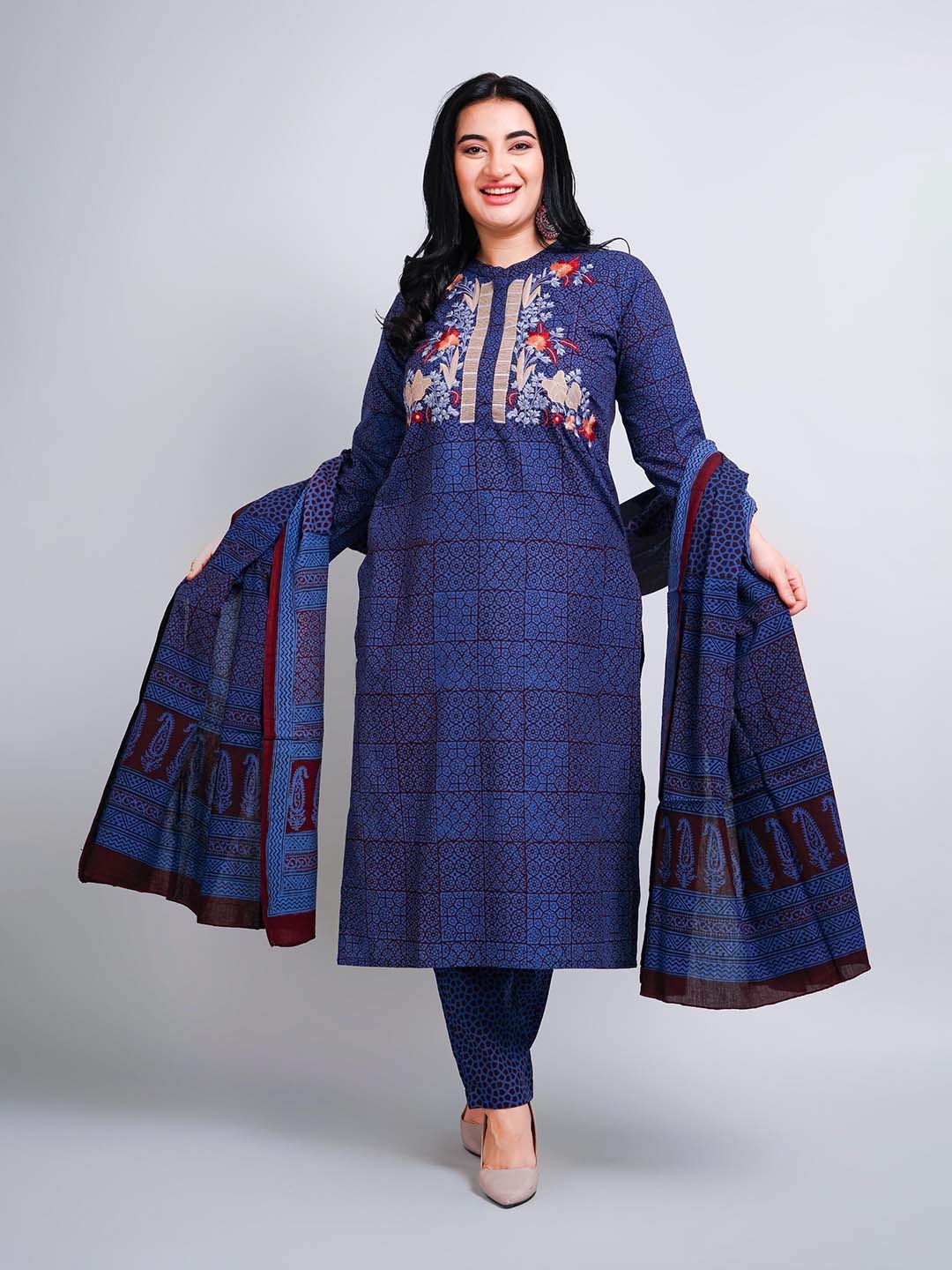 NAVGYA Floral Printed Pure Cotton Mandarin Collar Thread Work Kurta With Salwar & Dupatta, Blue