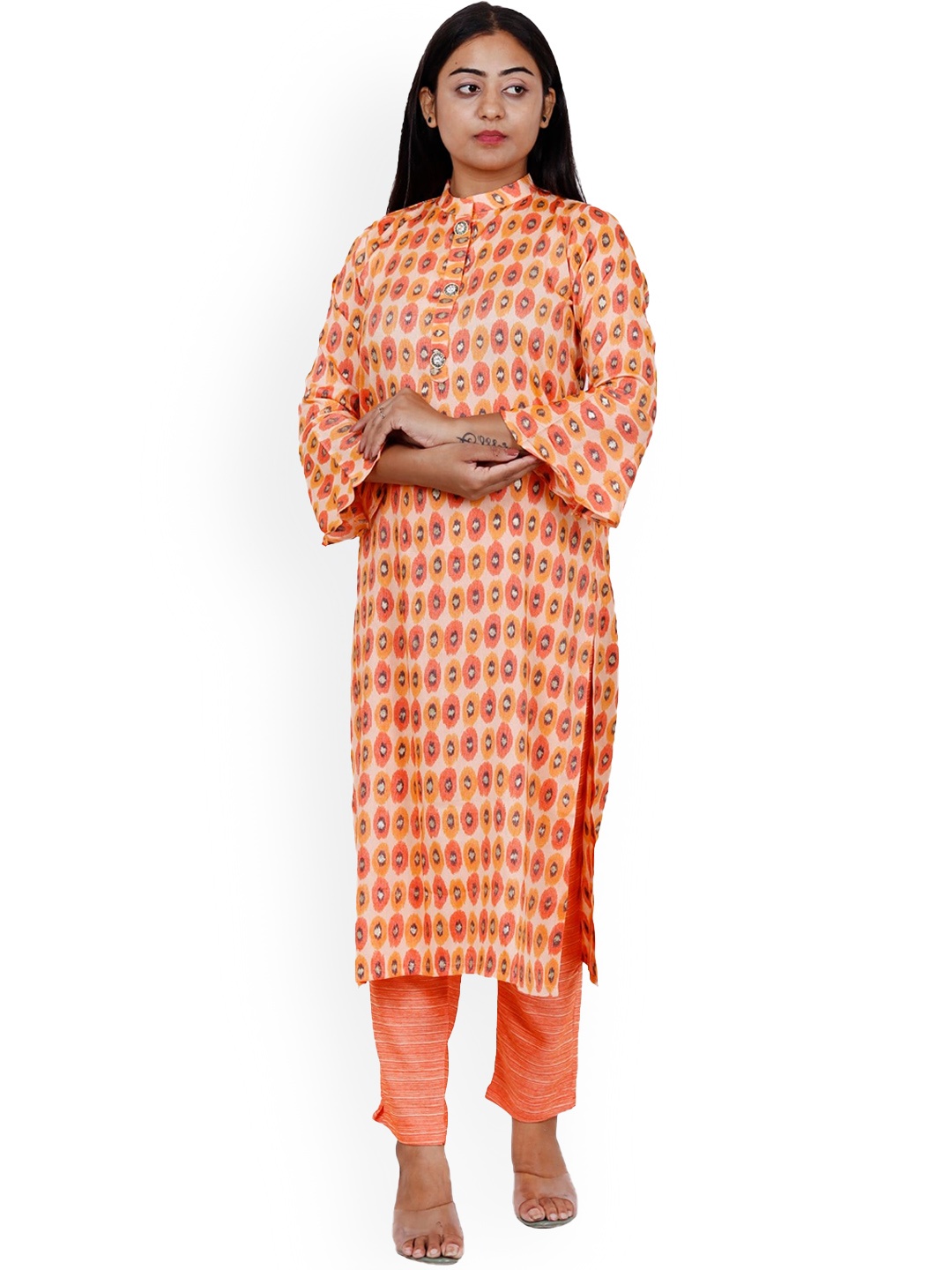 

NAVGYA Ethnic Motifs Printed Band Collar Bell Sleeves Linen Kurta with Trousers, Orange