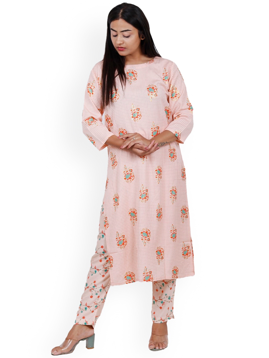 

NAVGYA Floral Printed Linen Kurta with Trousers, Pink