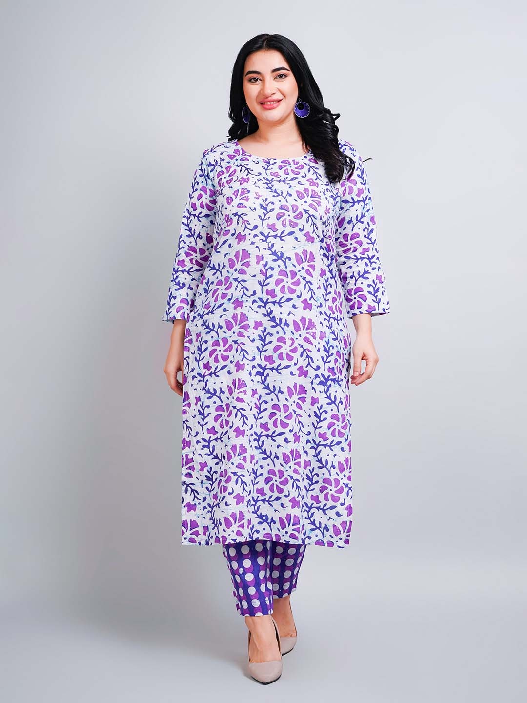 

NAVGYA Floral Printed Pure Cotton Kurta With Trousers, Purple
