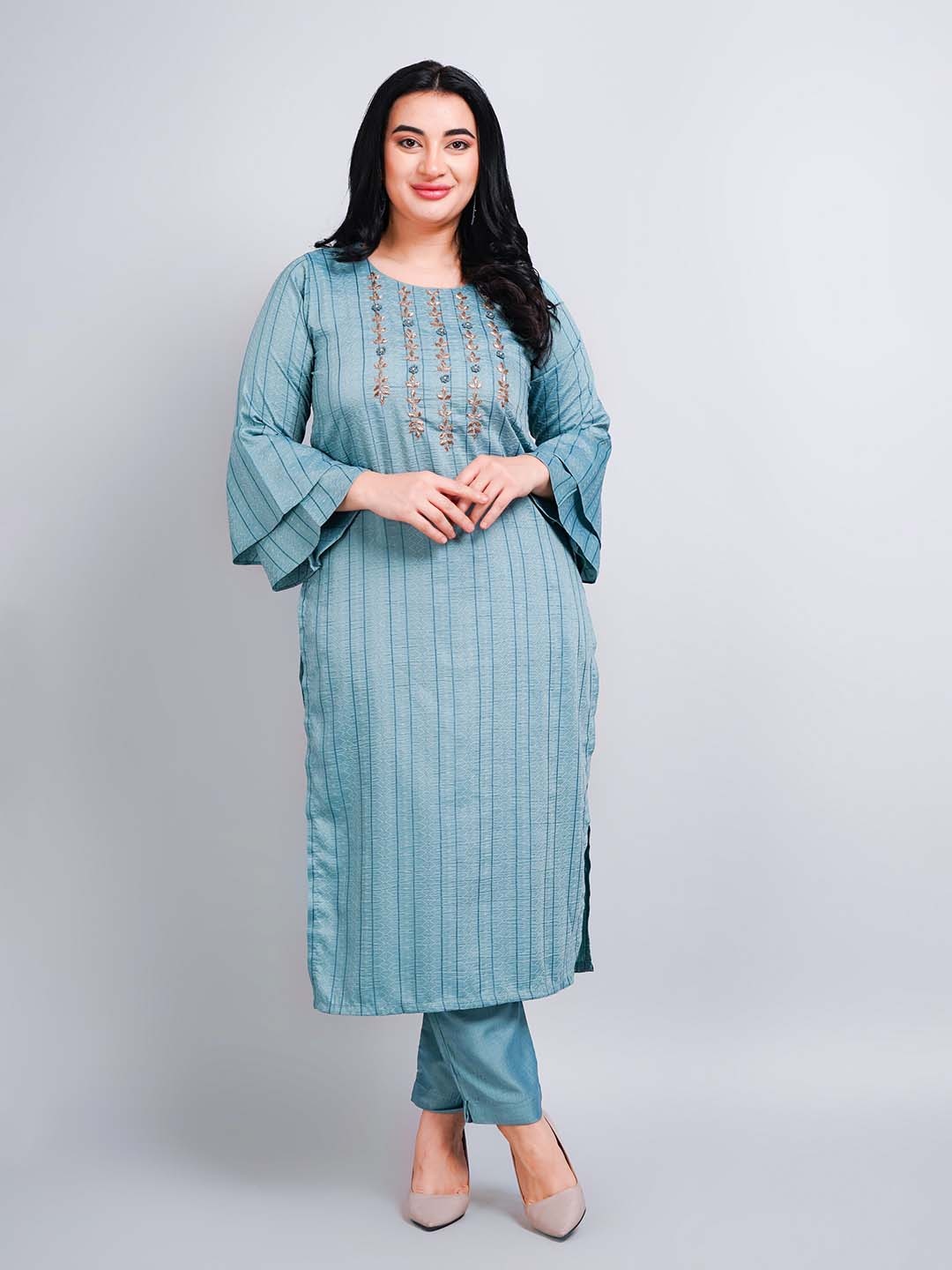 

NAVGYA Striped Thread Work Kurta with Trousers, Blue
