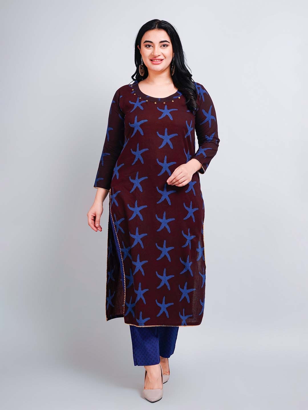 

NAVGYA Geometric Printed Pure Cotton Kurta with Trouser, Brown