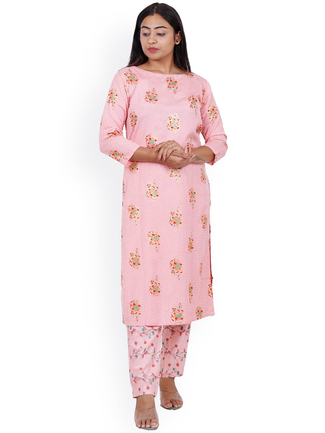 

NAVGYA Floral Printed Linen Kurta with Trousers, Pink