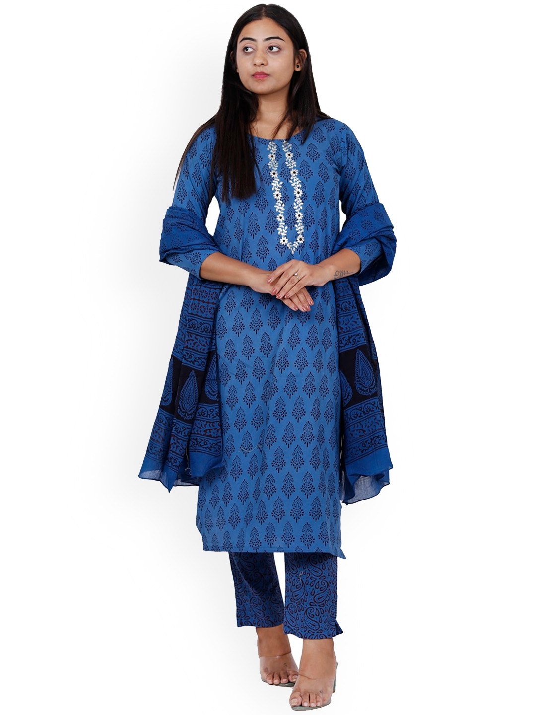 

NAVGYA Ethnic Motifs Regular Pure Cotton Kurta With Trouser & Dupatta, Blue