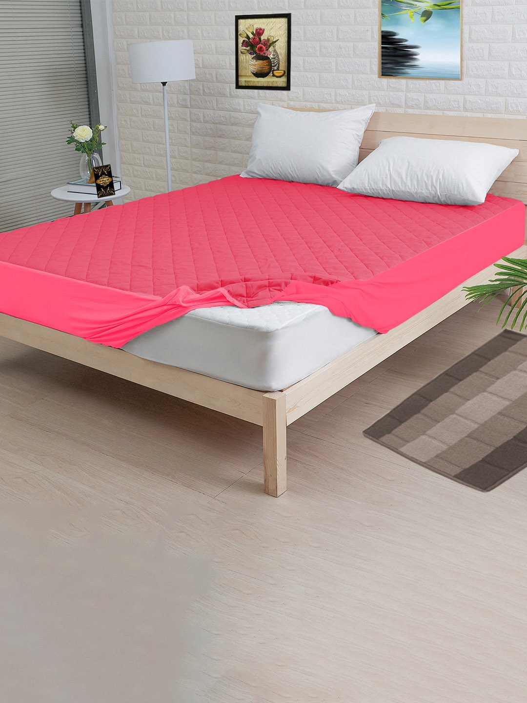 

Adbeni Pink Quilted Waterproof Queen Mattress Protector