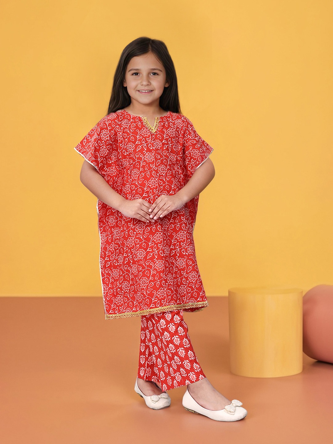 

Toonyport Girls Printed Pure Cotton Kaftan With Trousers, Red