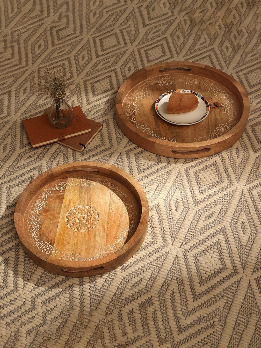 

Designer Library Anmol Brown 2 Pieces Self Designed Round Wooden Trays