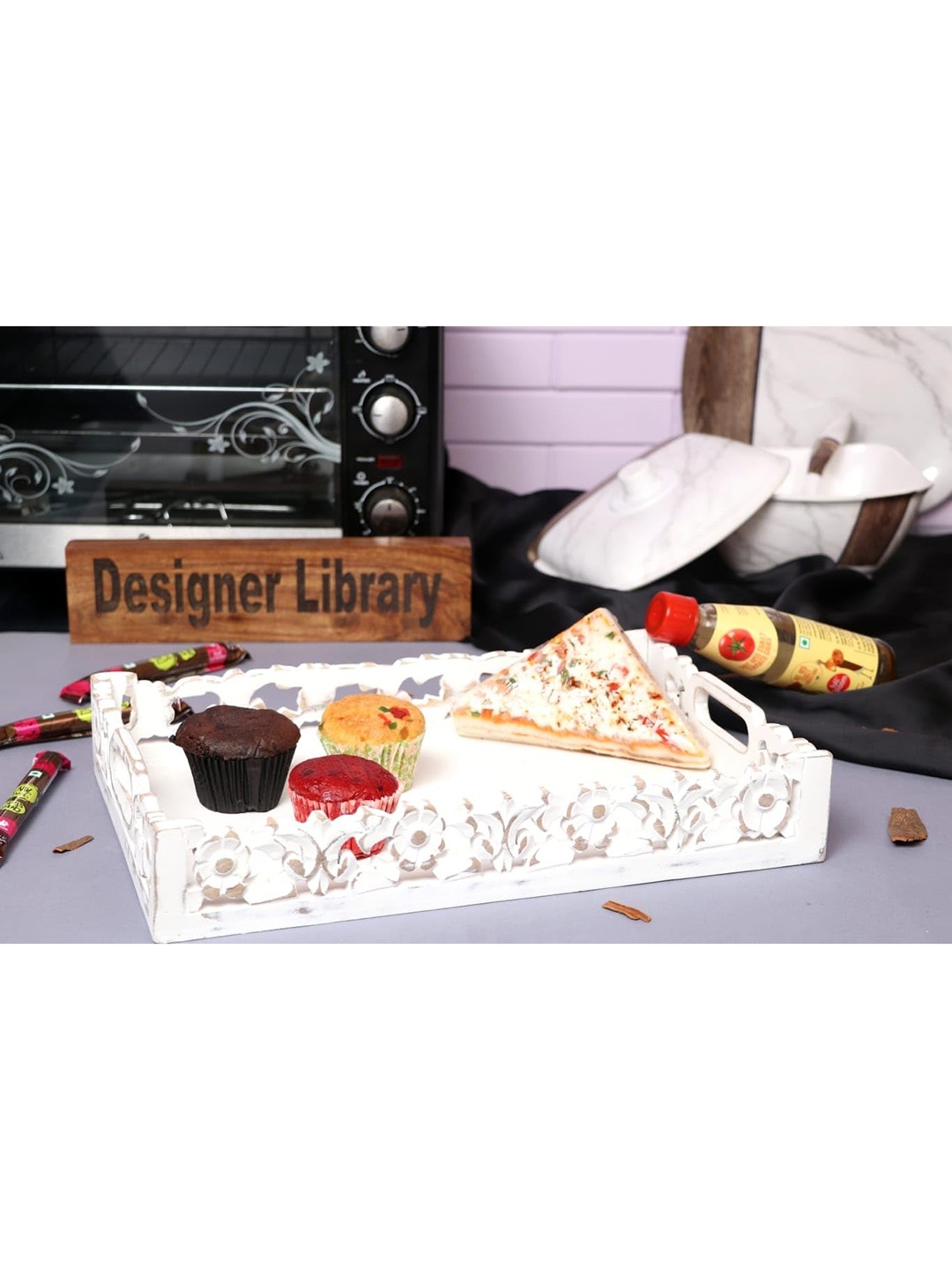 

Designer Library White & Beige Rectangular Wooden Serving Tray