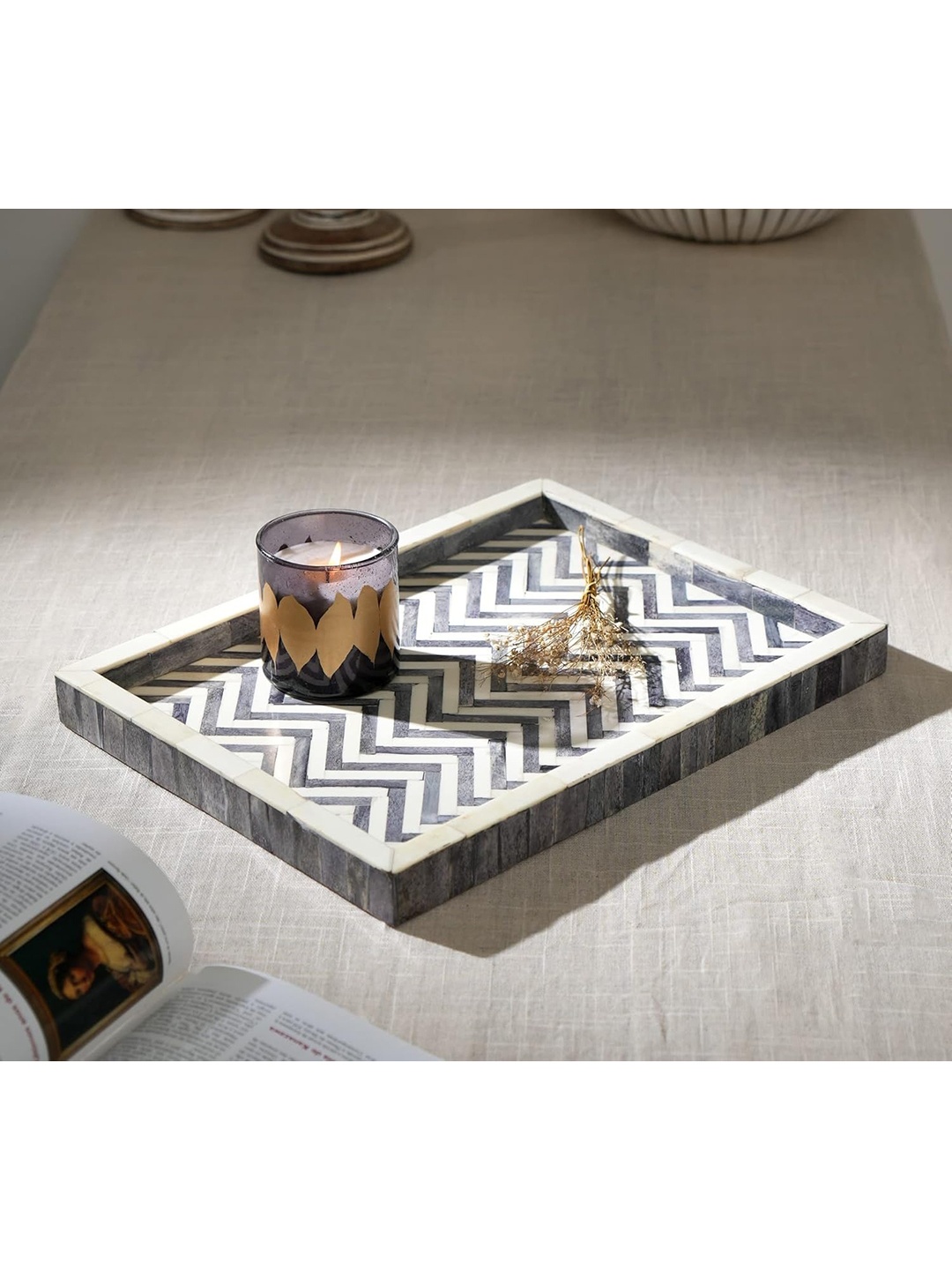 

Designer Library Grey & White Chevron Printed Wooden Tray