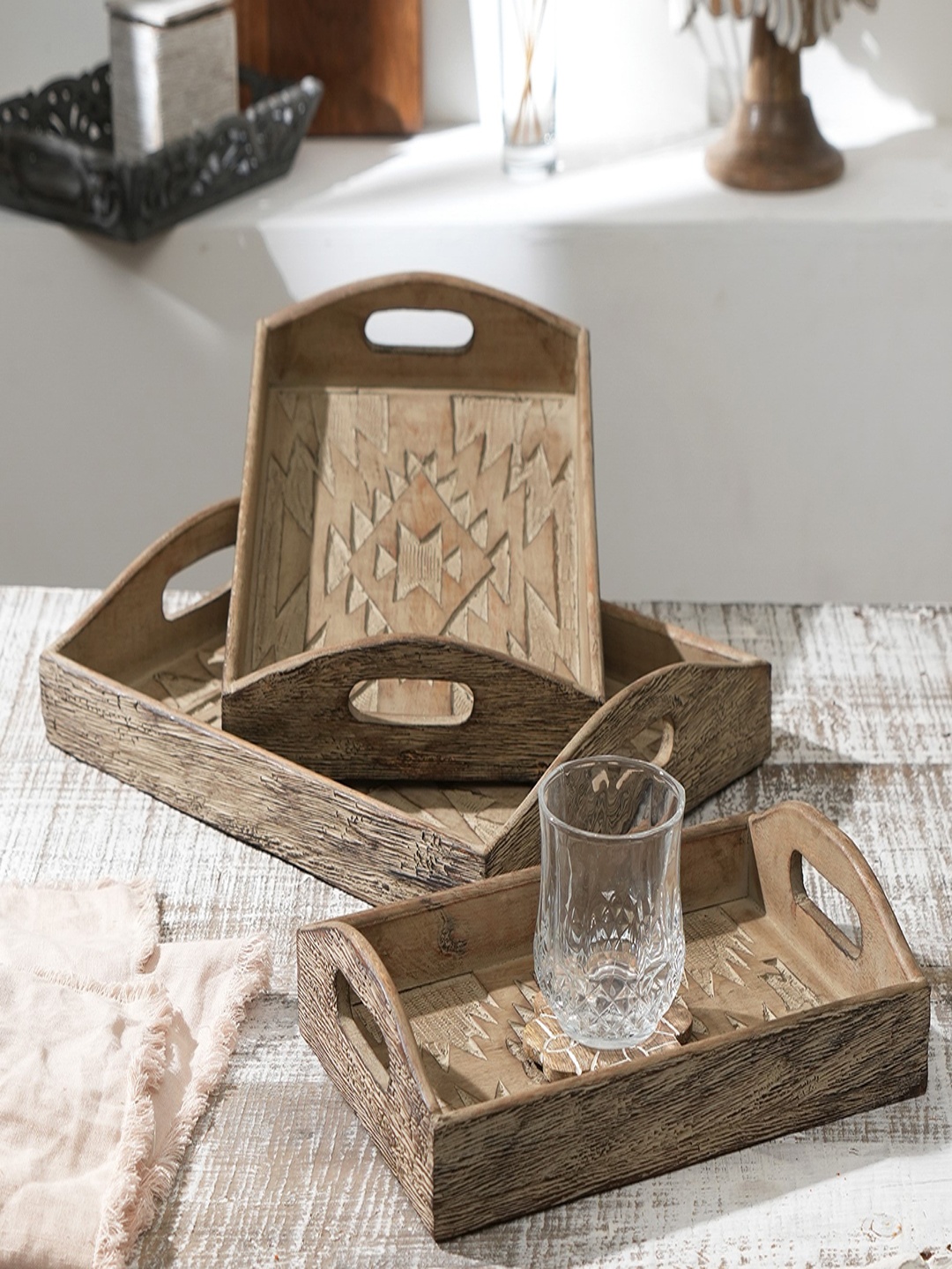 

Designer Library Taupe 3 Pieces Tribal Textured Serving Tray
