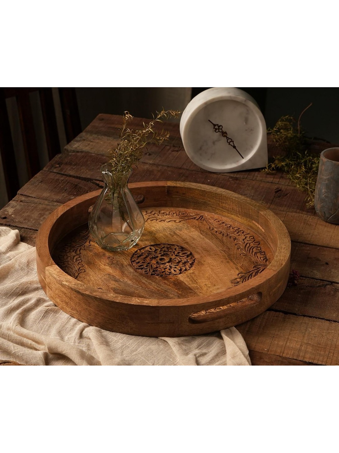 

Designer Library Brown Self Designed Round Wooden Tray