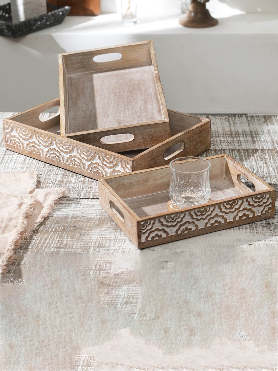 

Designer Library Nida White & Beige 3 Pieces Mango Wood Decorative Trays