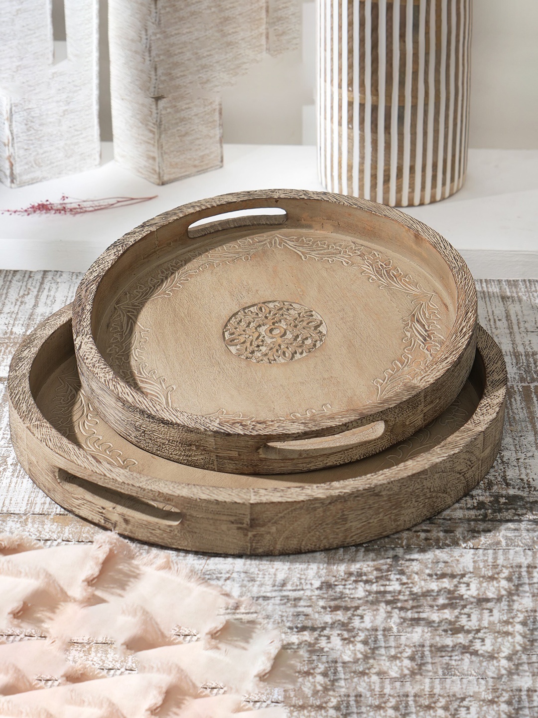 

Designer Library Brown 2 Pieces Textured Wooden Decorative Tray