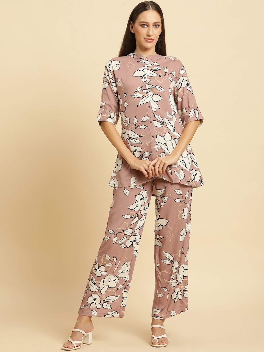 

Kannan Printed Mandarin Collar Shirt & Palazzo Co-Ords, Purple