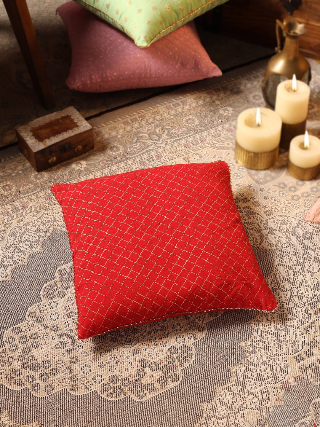 

House of Pataudi Red Checked Cotton Linen Square Cushion Cover