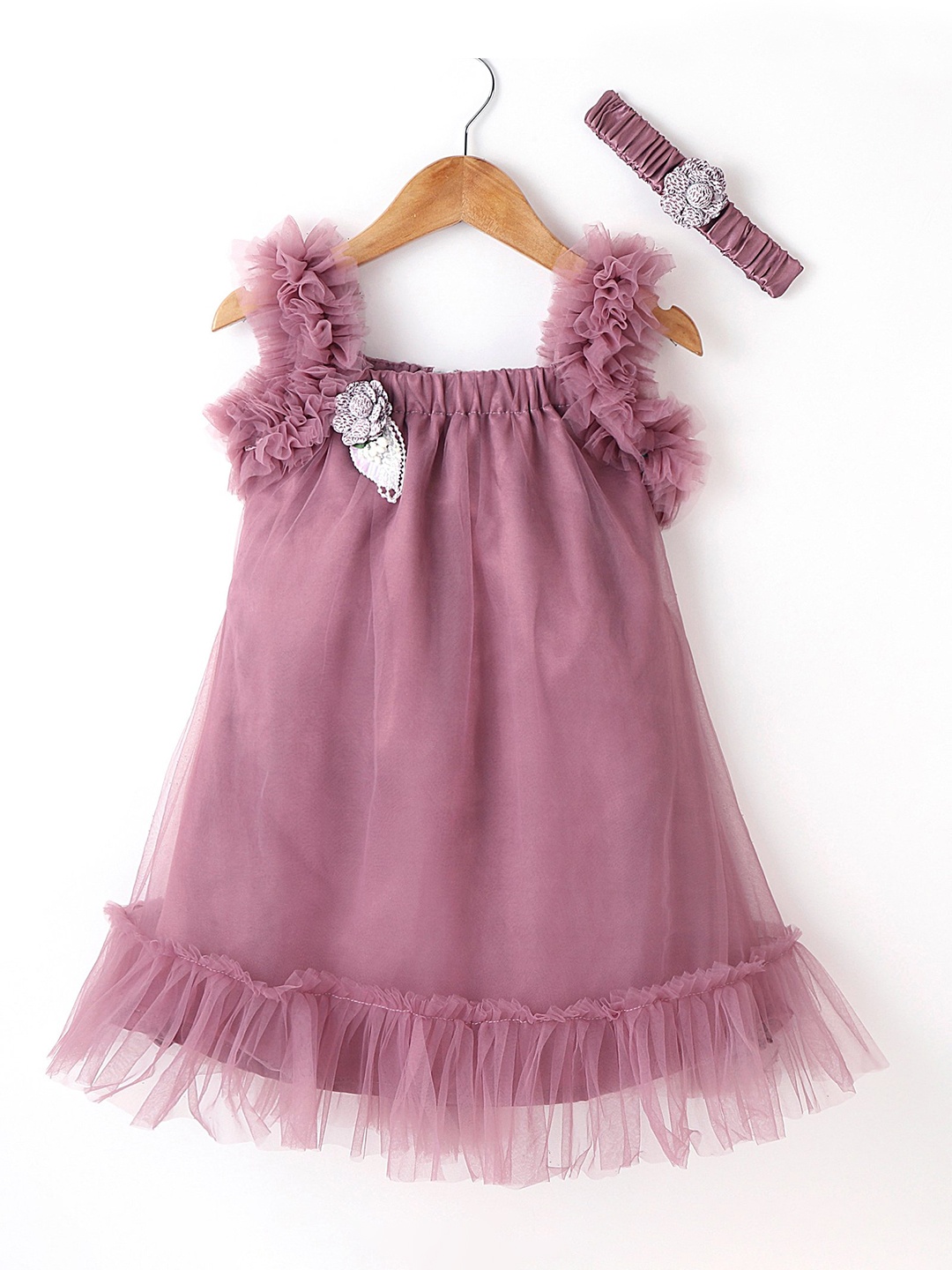 

Enfance Girls Square Neck Net A-Line Dress With Headband, Rose