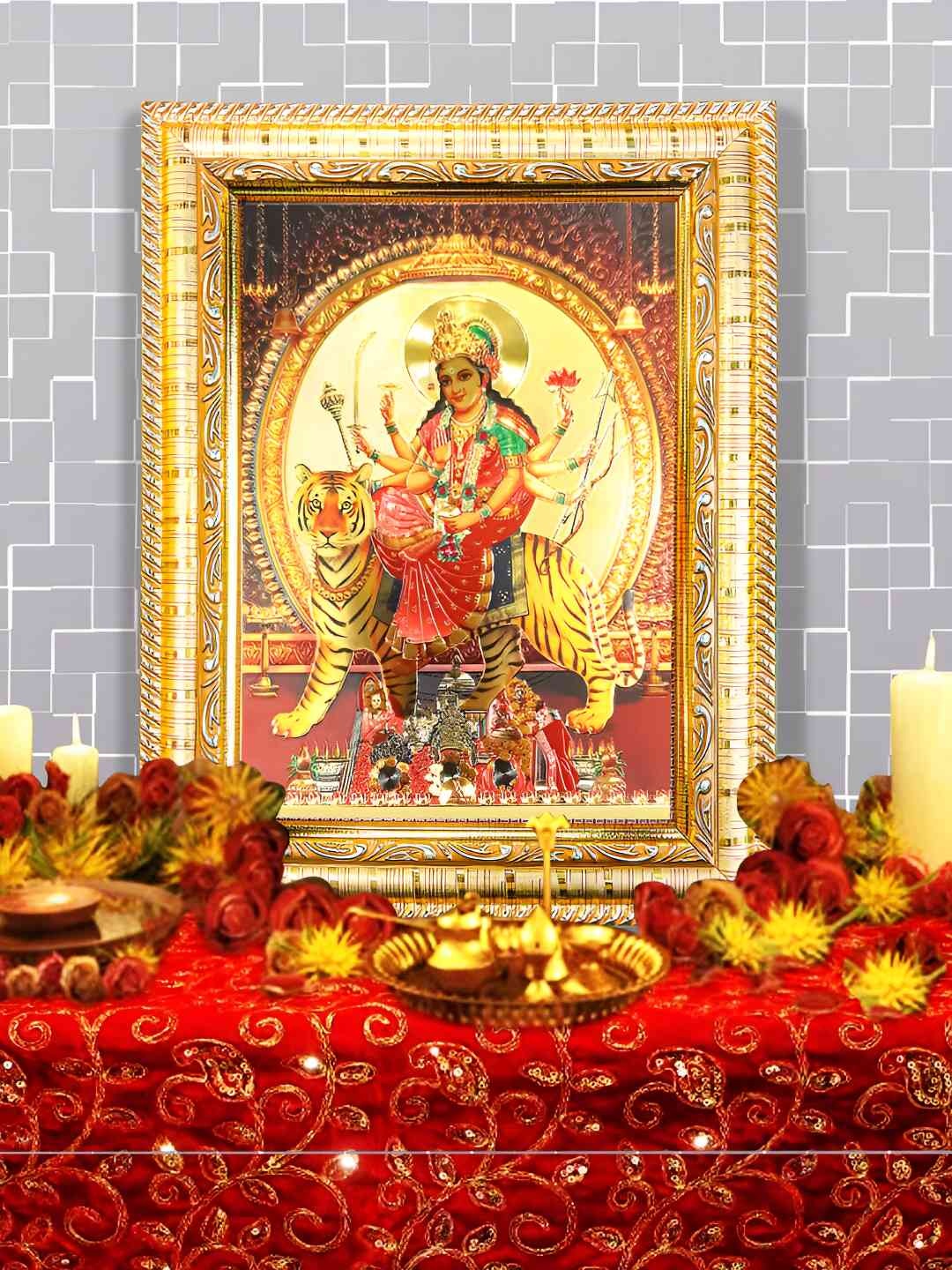 

Hawai 24k Gold Plated Maa Sherawali Rectangular Wooden Wall Photo Frame