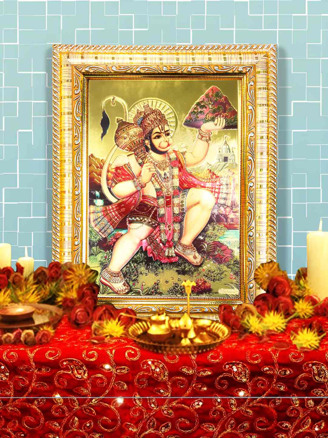 

Hawai 24K Gold Plated Sanjeevani Parvat Hanuman Wooden Rectangular Wall Photo With Frame