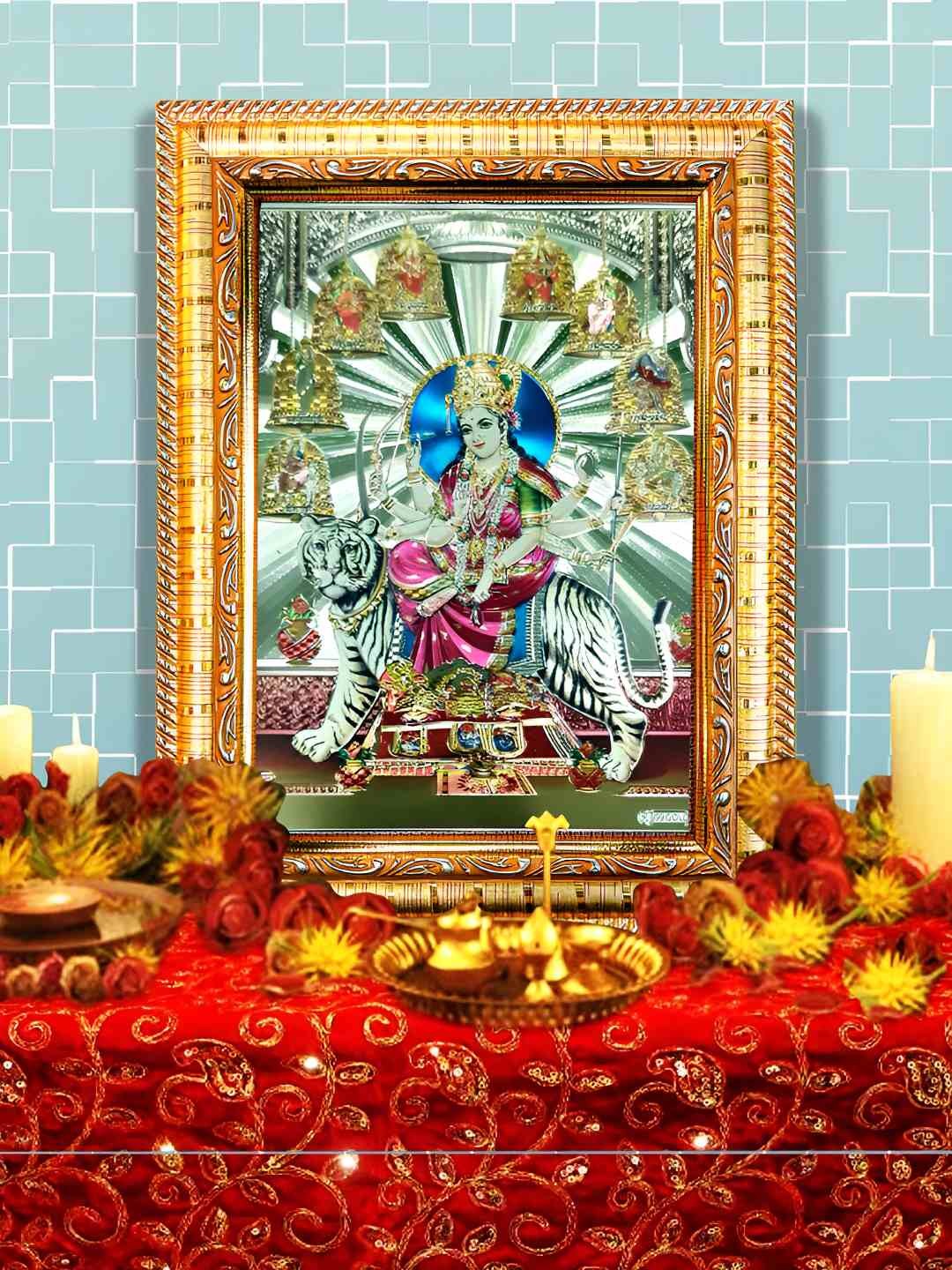 

Hawai Gold Toned Wooden Maa Sherawali Wall Hanging Photo Frame