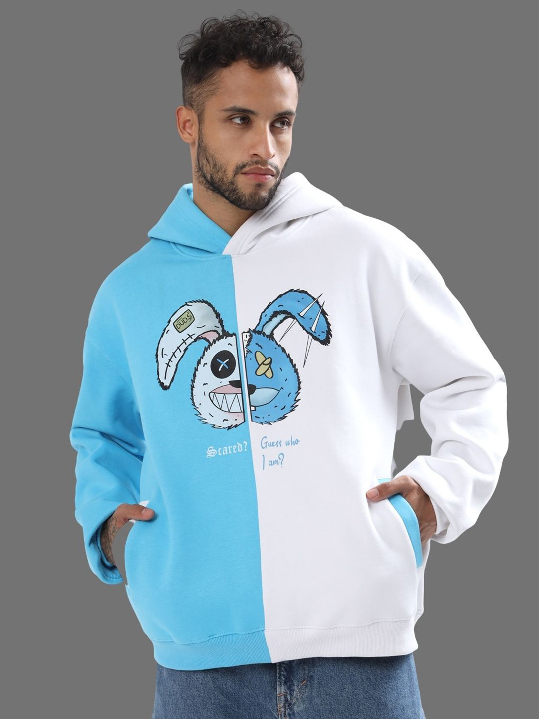 

WEARDUDS Graphic Printed Hooded Cotton Oversized Sweatshirt, Blue