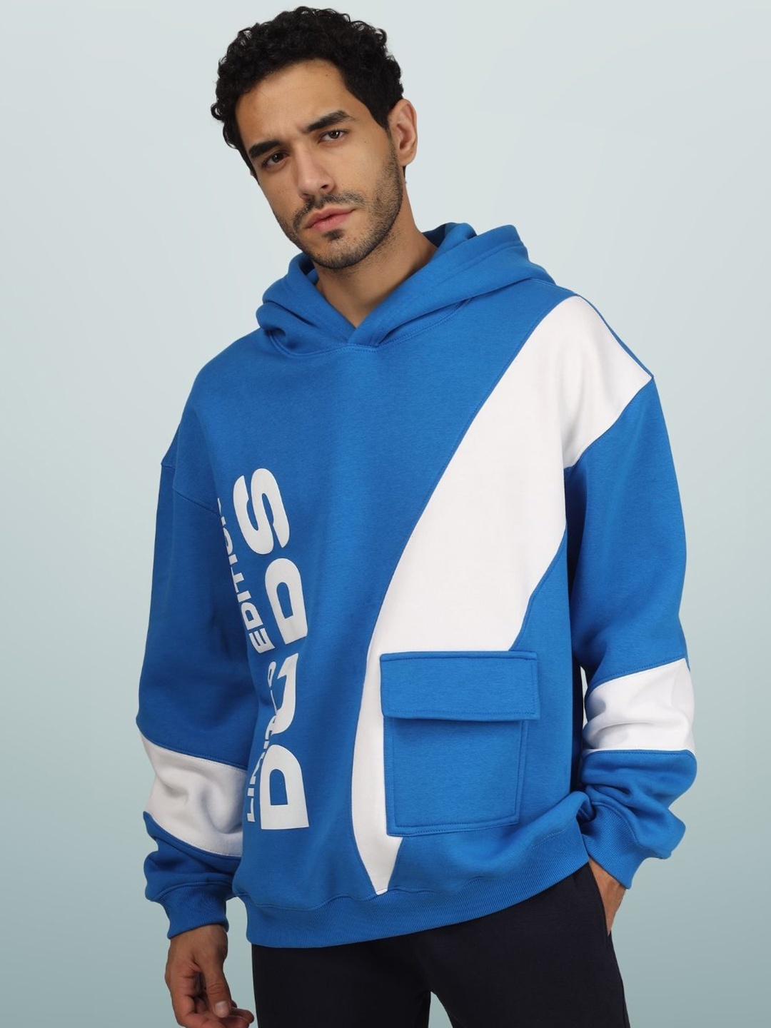 

WEARDUDS Colourblocked Hooded Cotton Oversized Sweatshirt, Blue