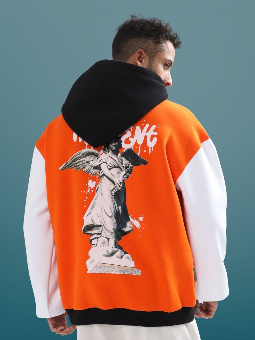 

WEARDUDS Graphic Printed Hooded Cotton Oversized Sweatshirt, Orange