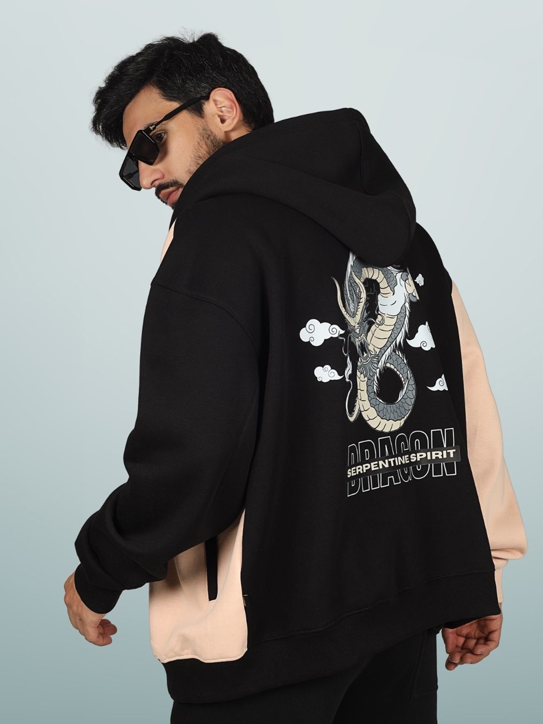 

WEARDUDS Dragon Printed Hooded Cotton Oversized Front -Open Sweatshirt, Black
