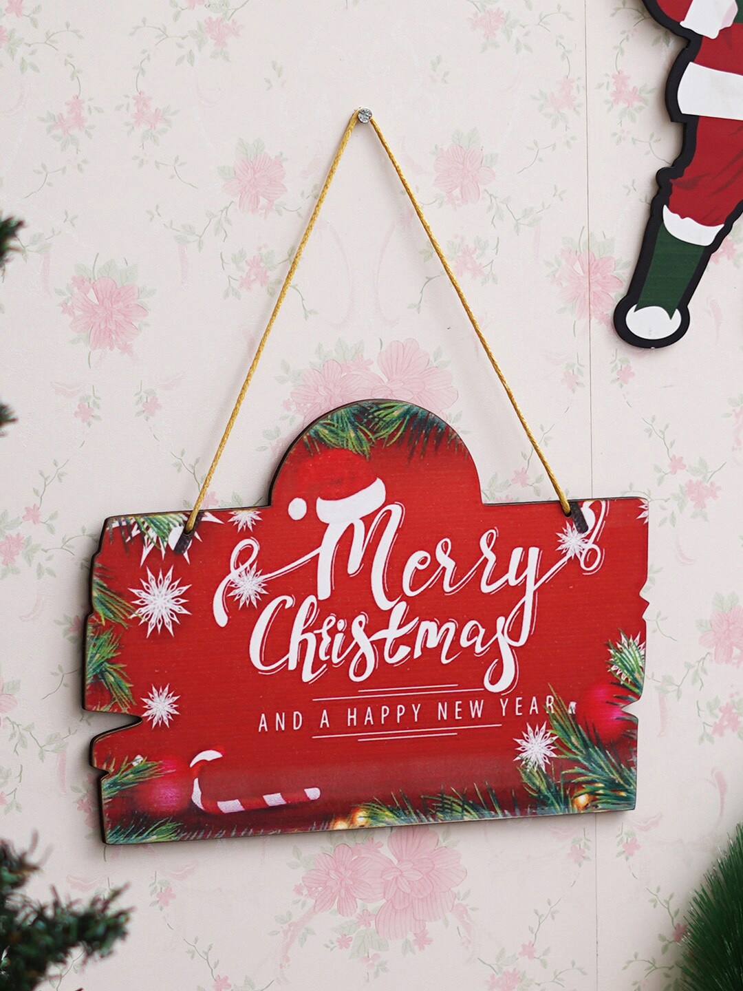 eCraftIndia Red & White Printed Wooden Hanging Wall Decor