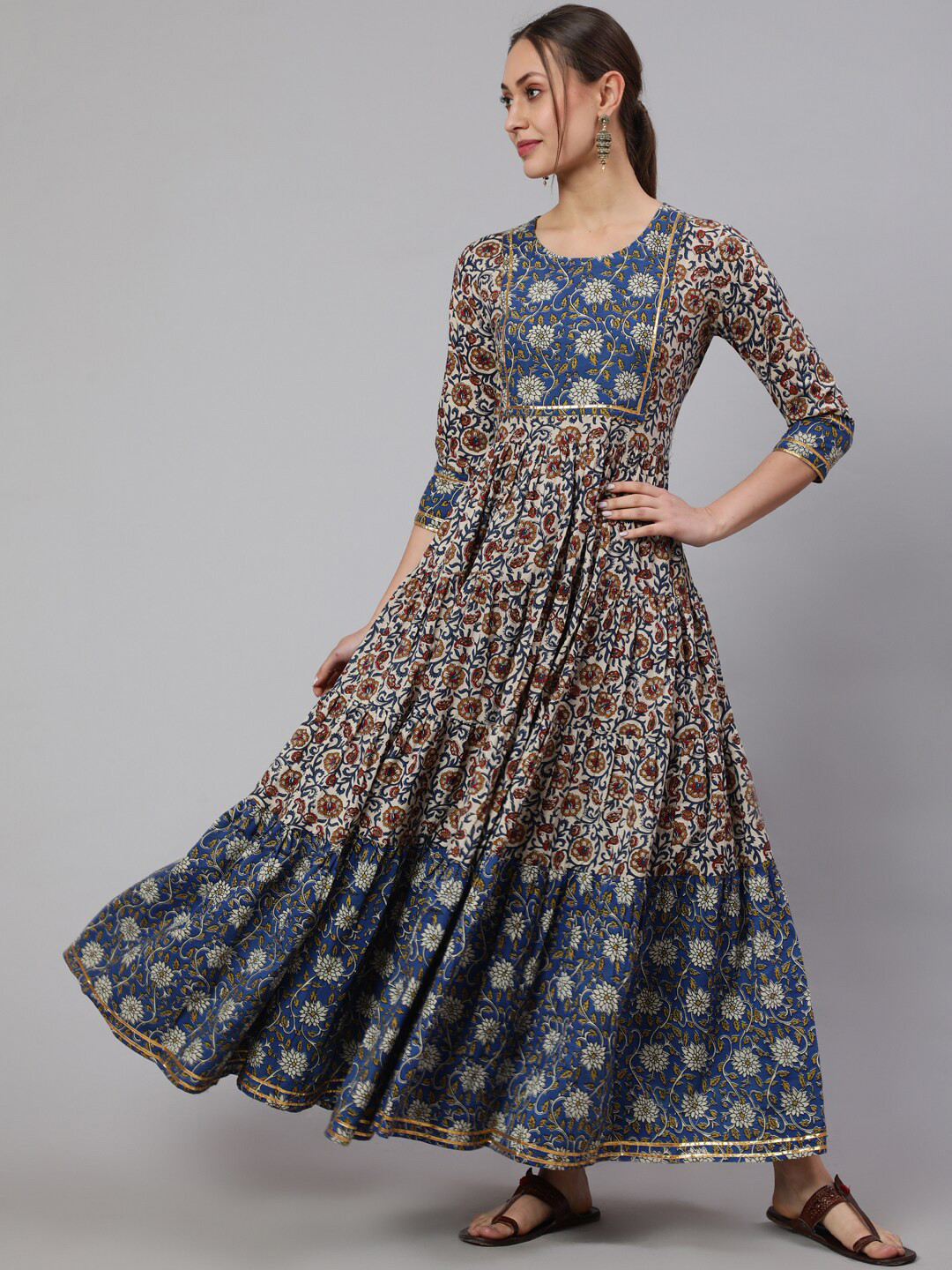 

GLAM ROOTS Floral Printed Embellished Detail Maxi Ethnic Dress, Blue