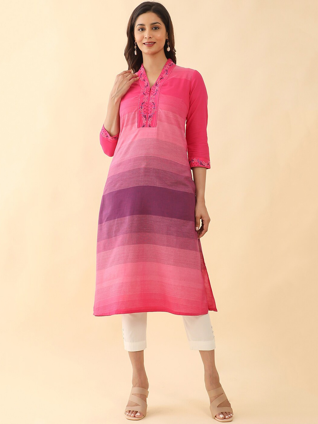 

Maybell Yoke Design Thread Work Pure Cotton Straight Kurta, Pink