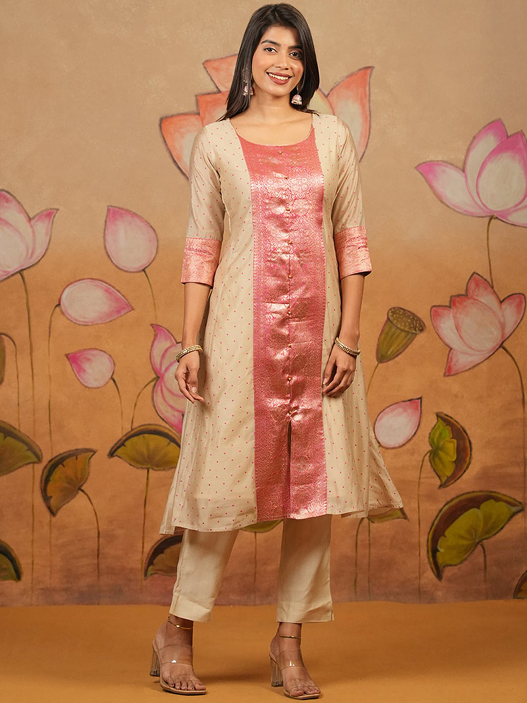 

Maybell Ethnic Motifs Woven Design Chanderi Cotton Kurta, Beige