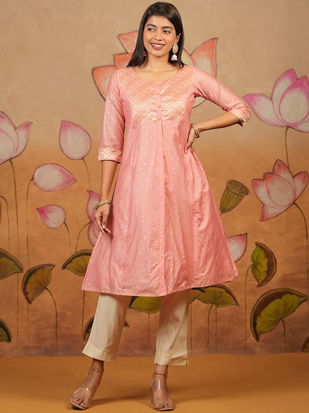 

Maybell Ethnic Motif Printed Silk Panelled A-Line Kurta, Pink