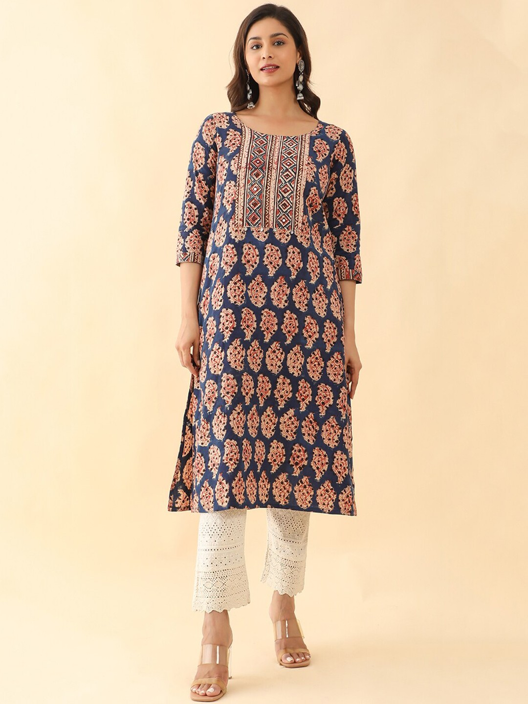 

Maybell Ethnic Motifs Printed Pure Cotton Kurta, Navy blue