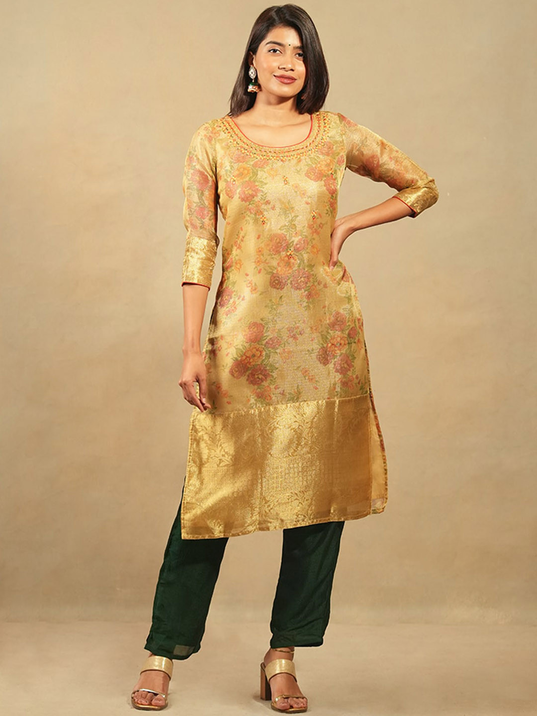 

Maybell Floral Printed Thread Work Silk Straight Kurta, Mustard