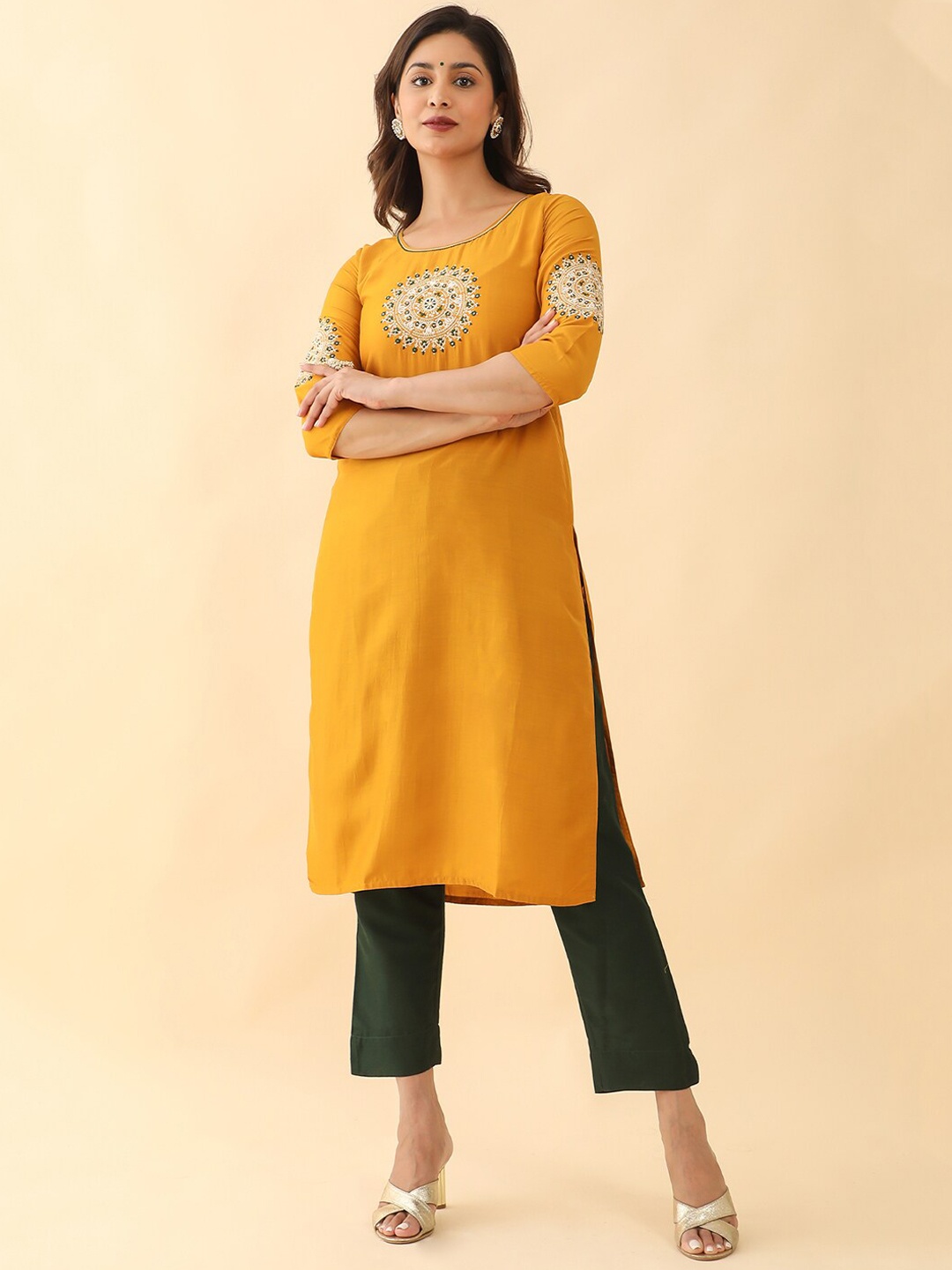 

Maybell Embroidered Yoke Design Mirror Work Cotton Kurta, Mustard