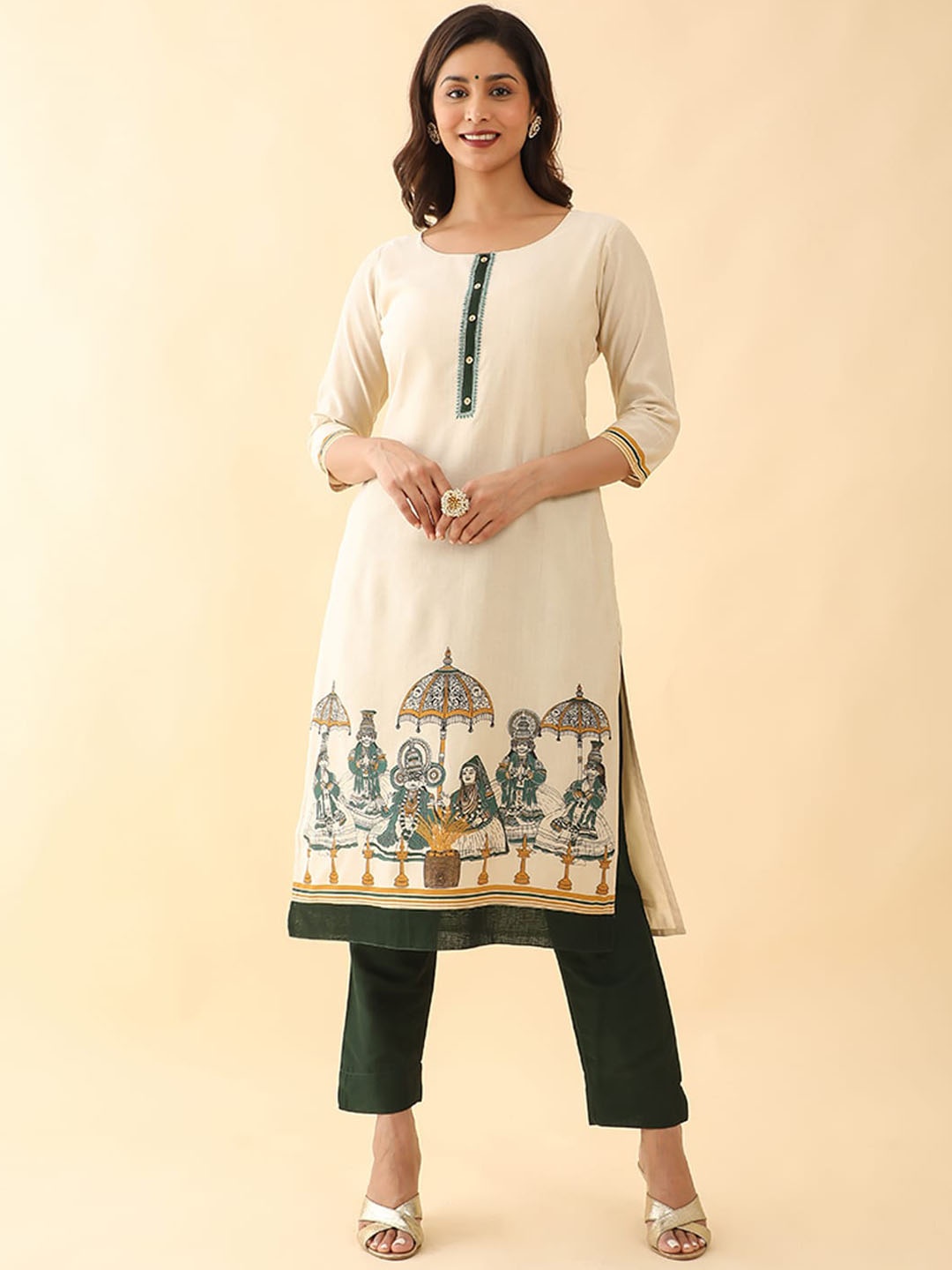 

Maybell Ethnic Motifs Printed Silk Kurta, Off white