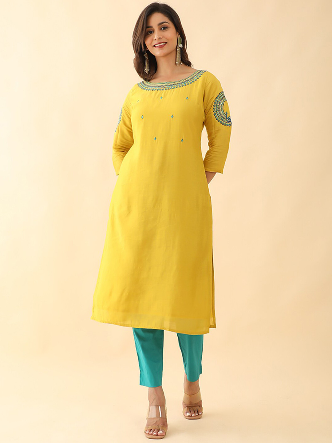 

Maybell Embroidered Yoke Design Mirror Work Boat Neck Kurta, Yellow