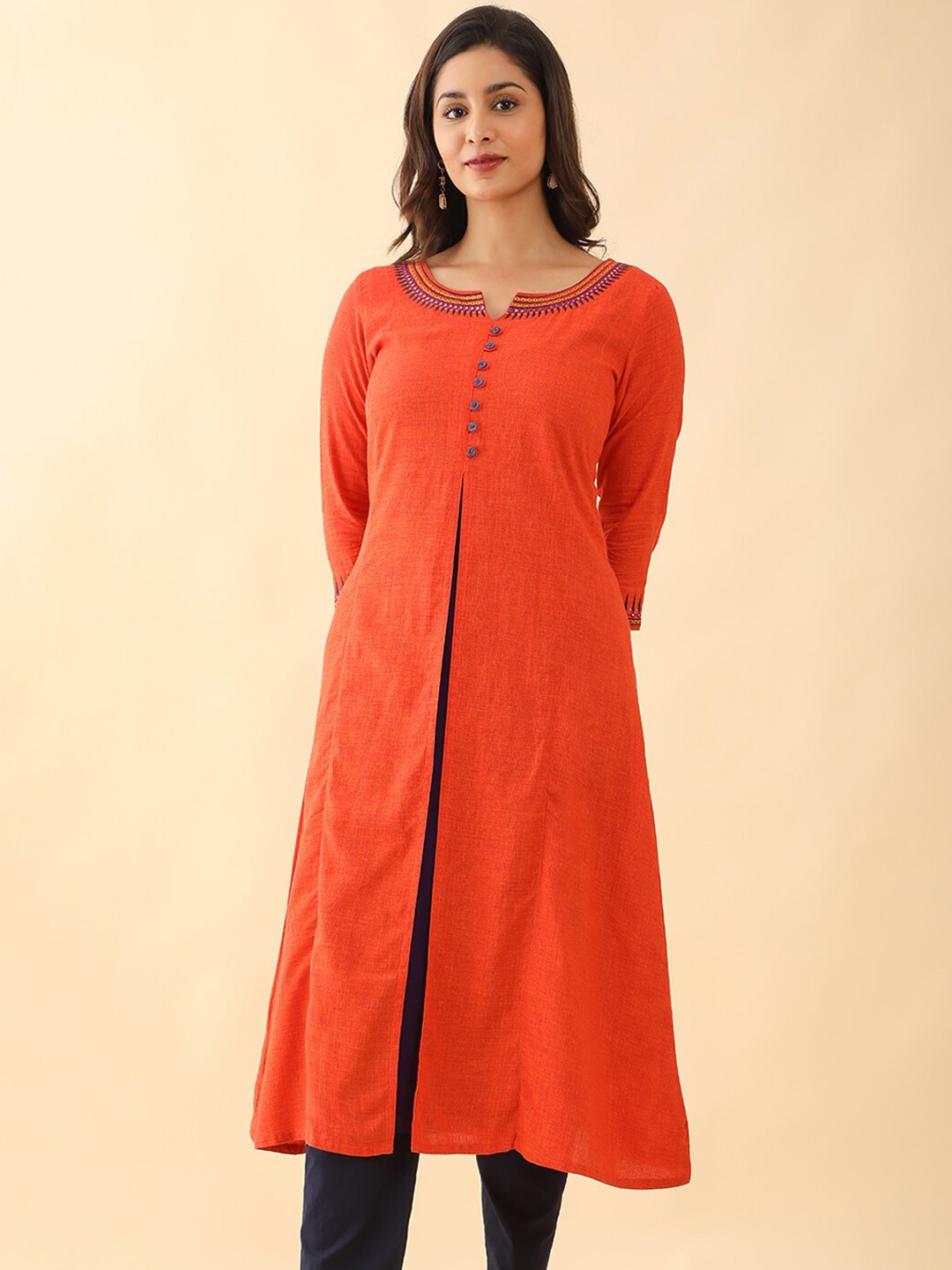 

Maybell Thread Work Details Pure Cotton A-Line Kurta, Orange