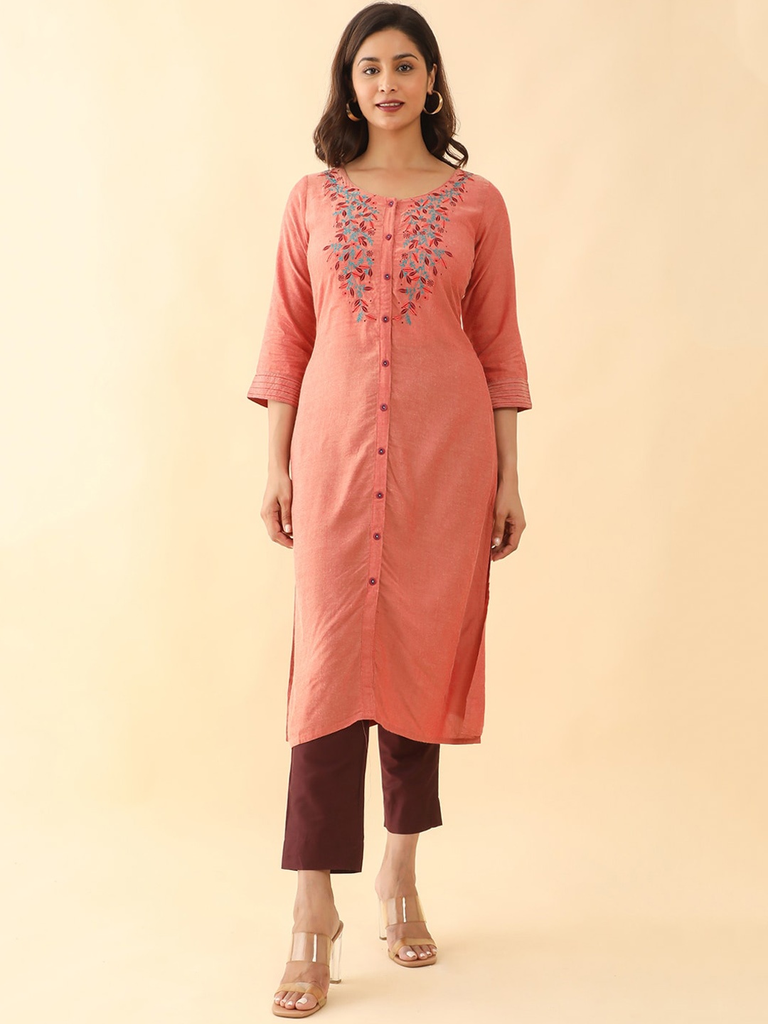 

Maybell Floral Embroidered Round Neck Three-Quarter Sleeve Thread Work Kurta, Rust