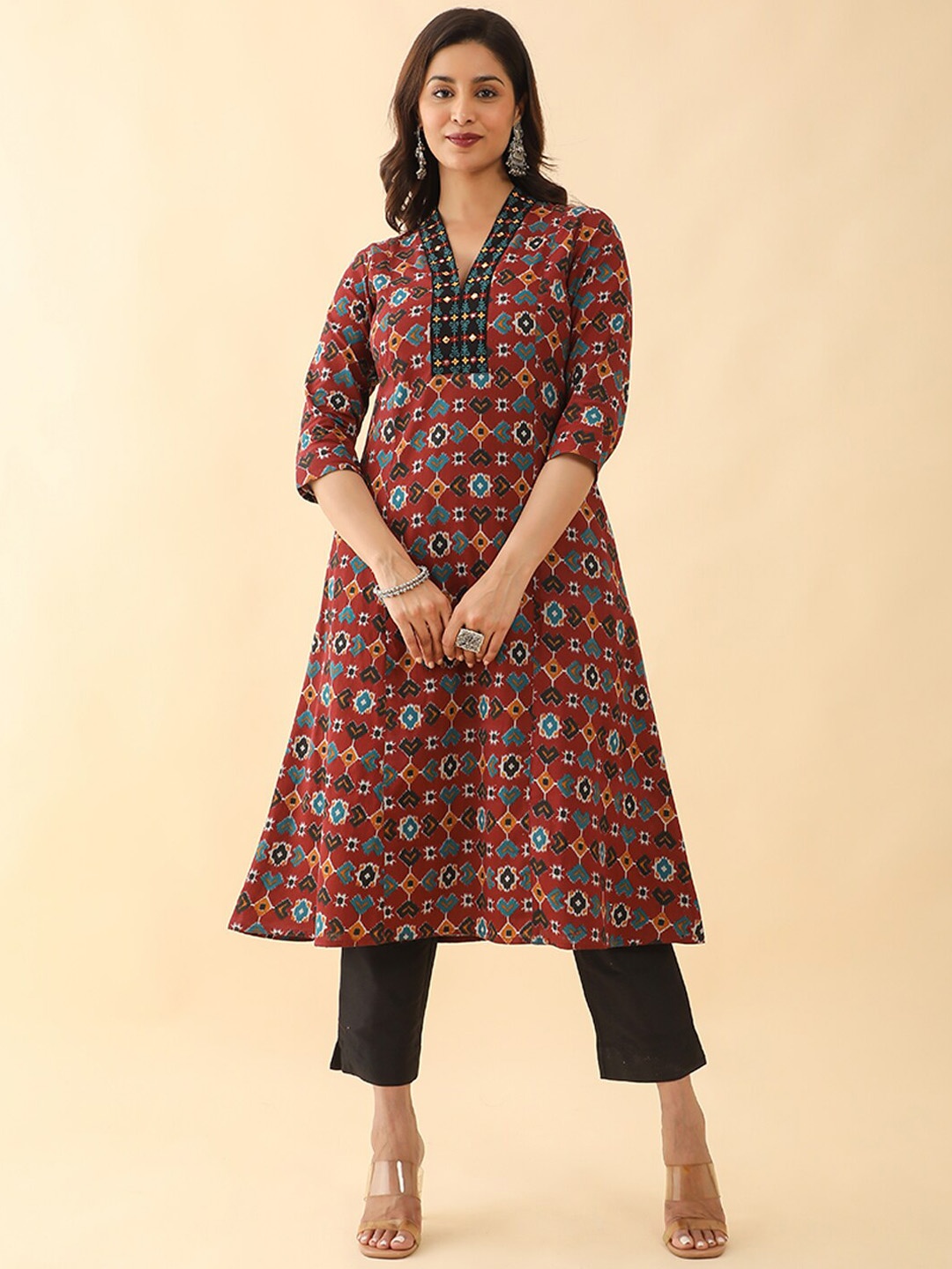 

Maybell Geometric Printed Thread Work Detailed Pure Cotton A-Line Kurta, Red