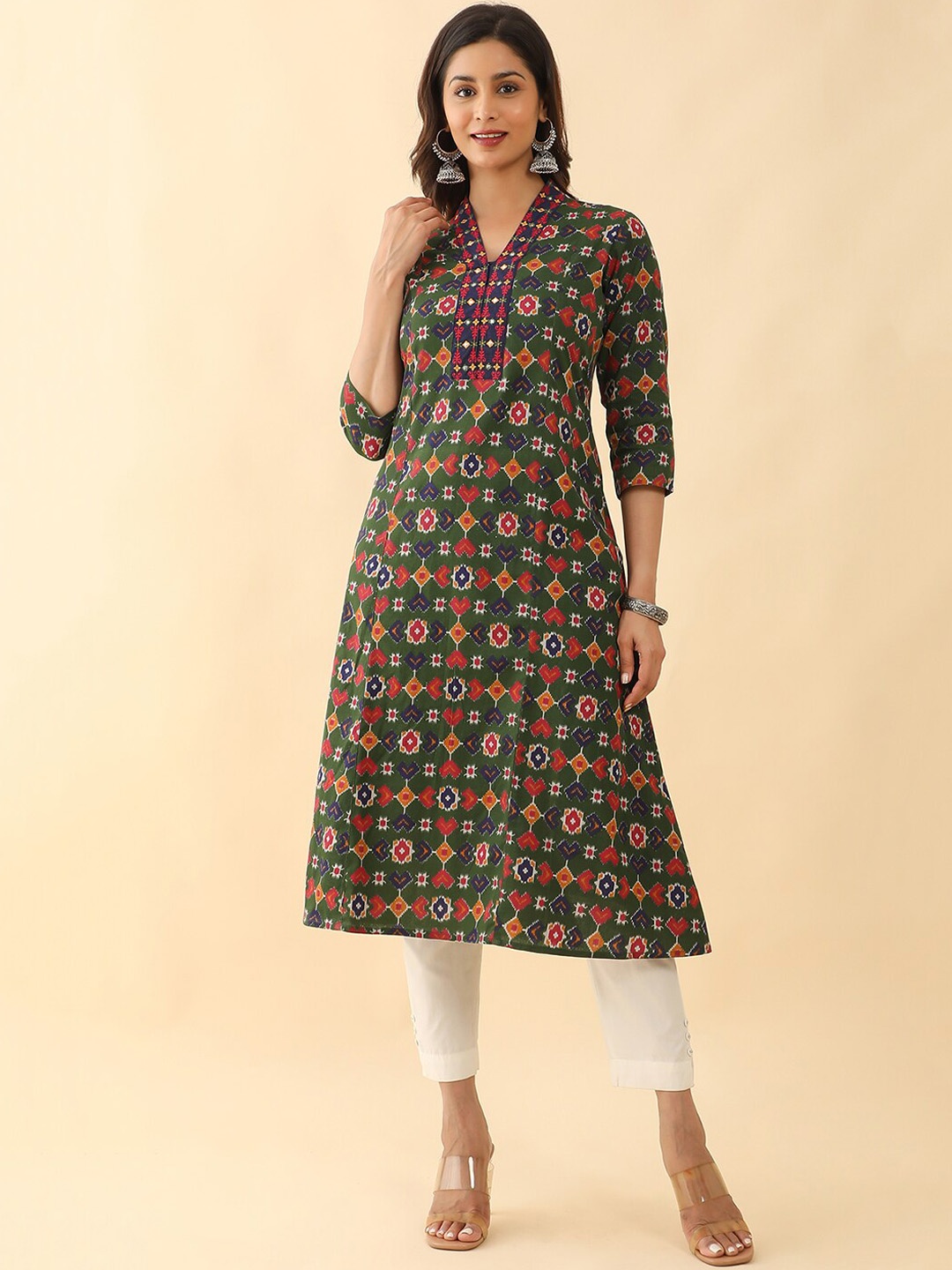 

Maybell Geometric Printed Thread Work Detailed Pure Cotton A-Line Kurta, Green
