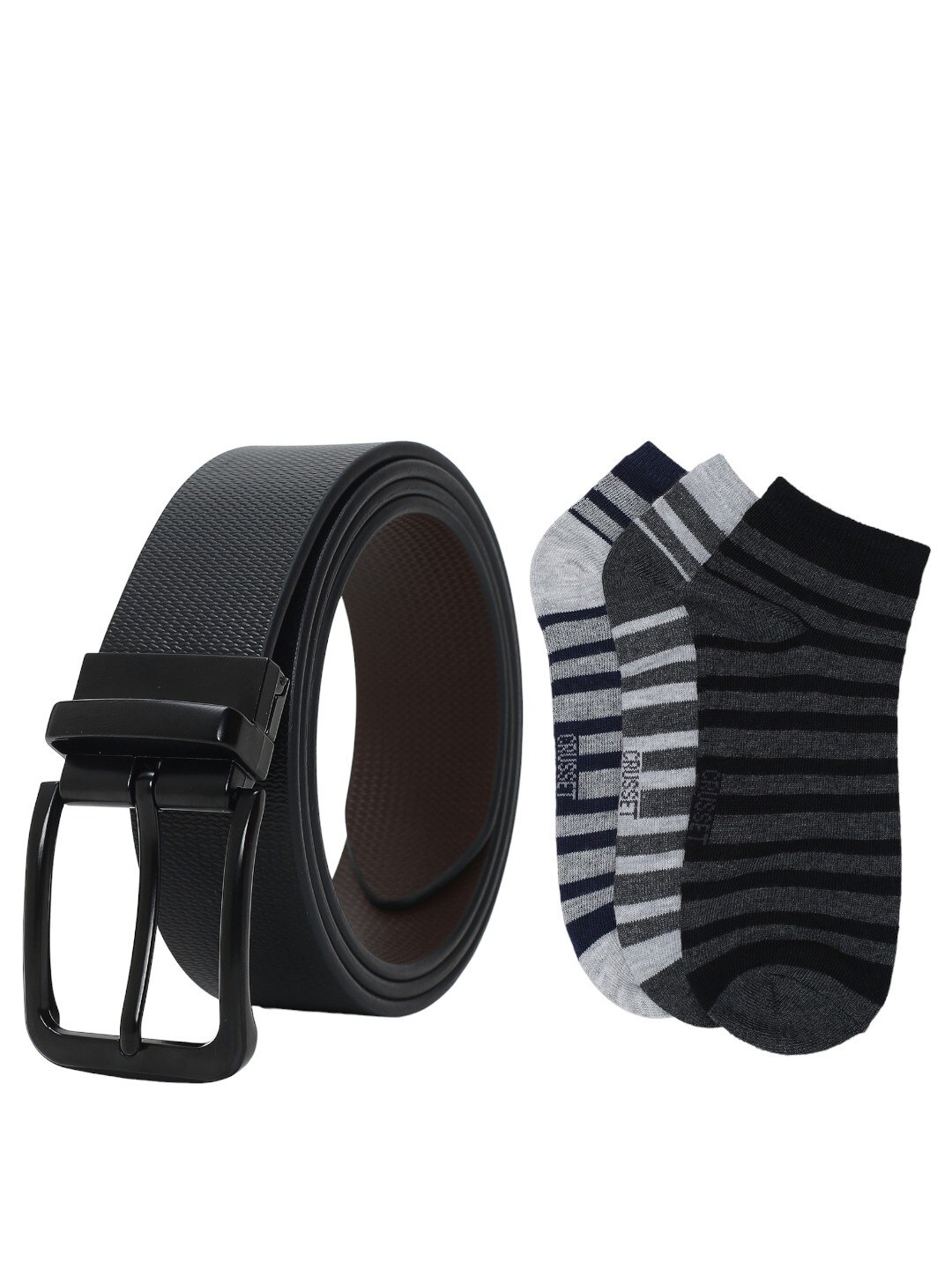 

CRUSSET Men Belt & Pack Of 3 Socks Combo Accessory Gift Set, Black