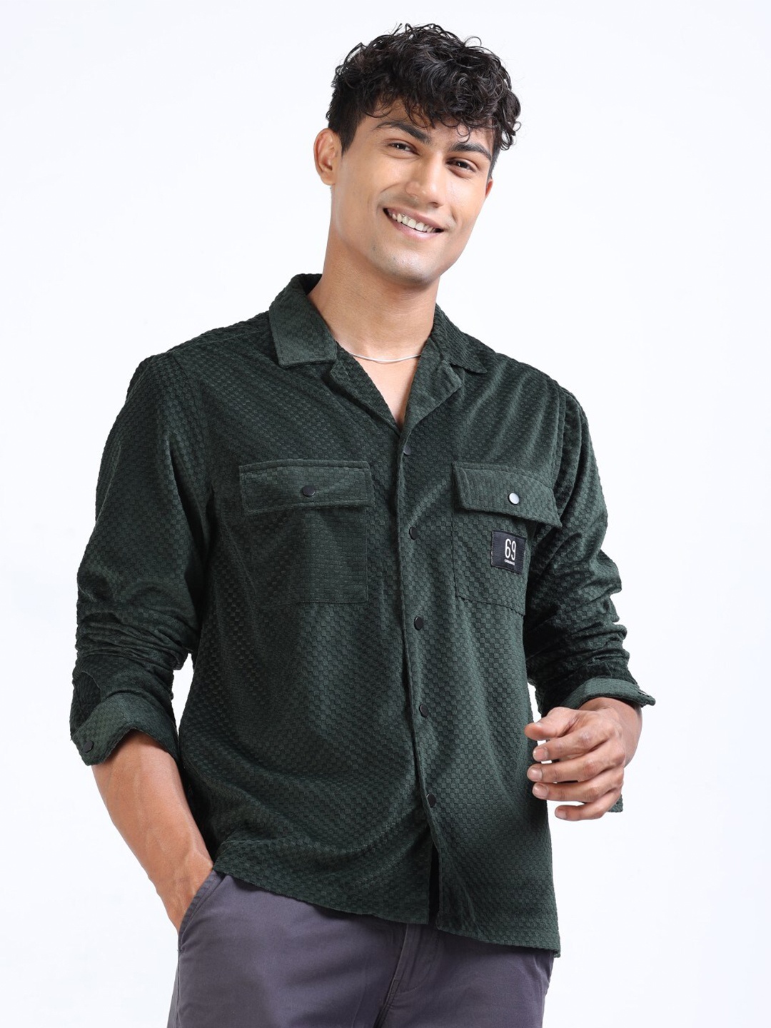 

FLY 69 Premium Boxy Fit Textured Casual Corduroy Shirt, Green
