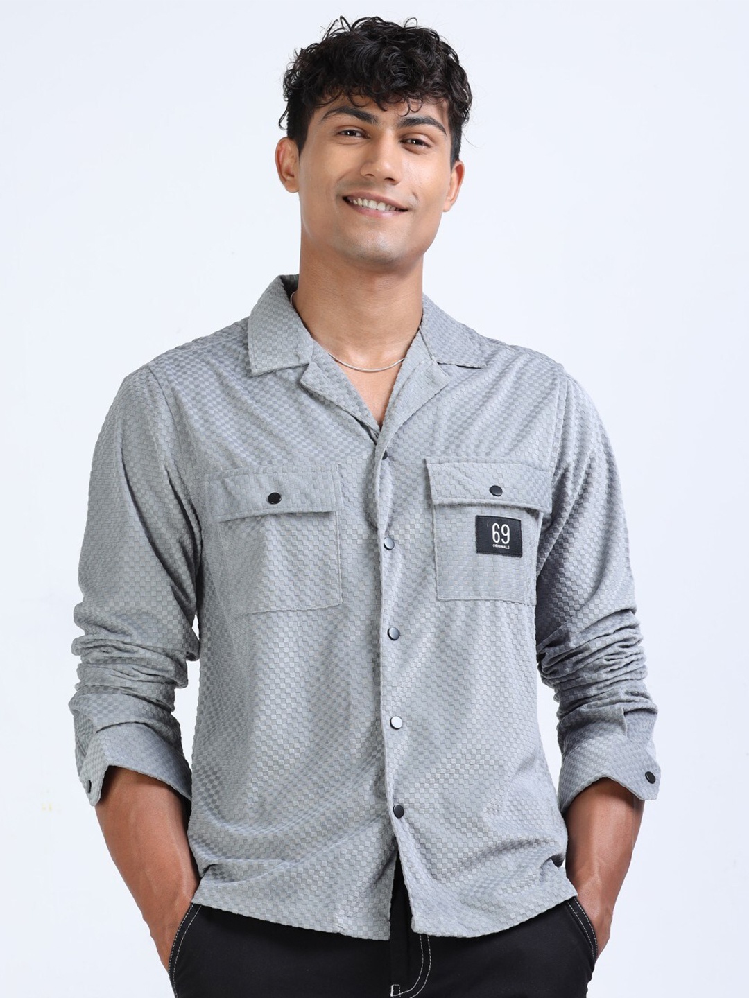 

FLY 69 Premium Boxy Fit Textured Casual Corduroy Shirt, Grey