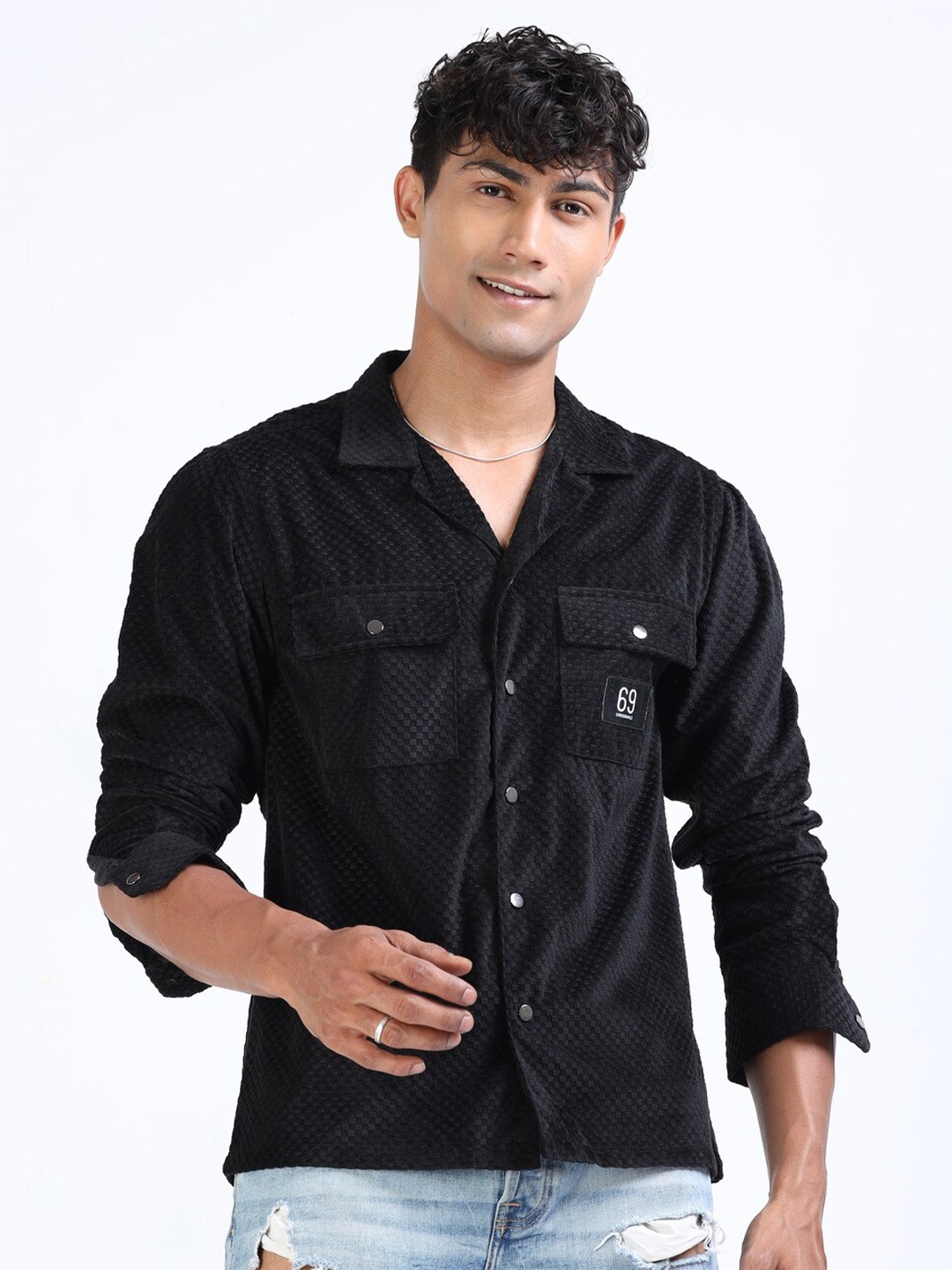 

FLY 69 Premium Boxy Fit Textured Casual Corduroy Shirt, Black