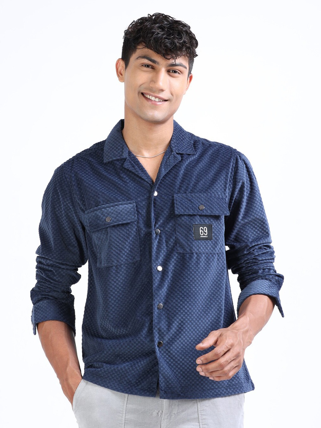 

FLY 69 Premium Boxy Fit Textured Casual Corduroy Shirt, Navy blue