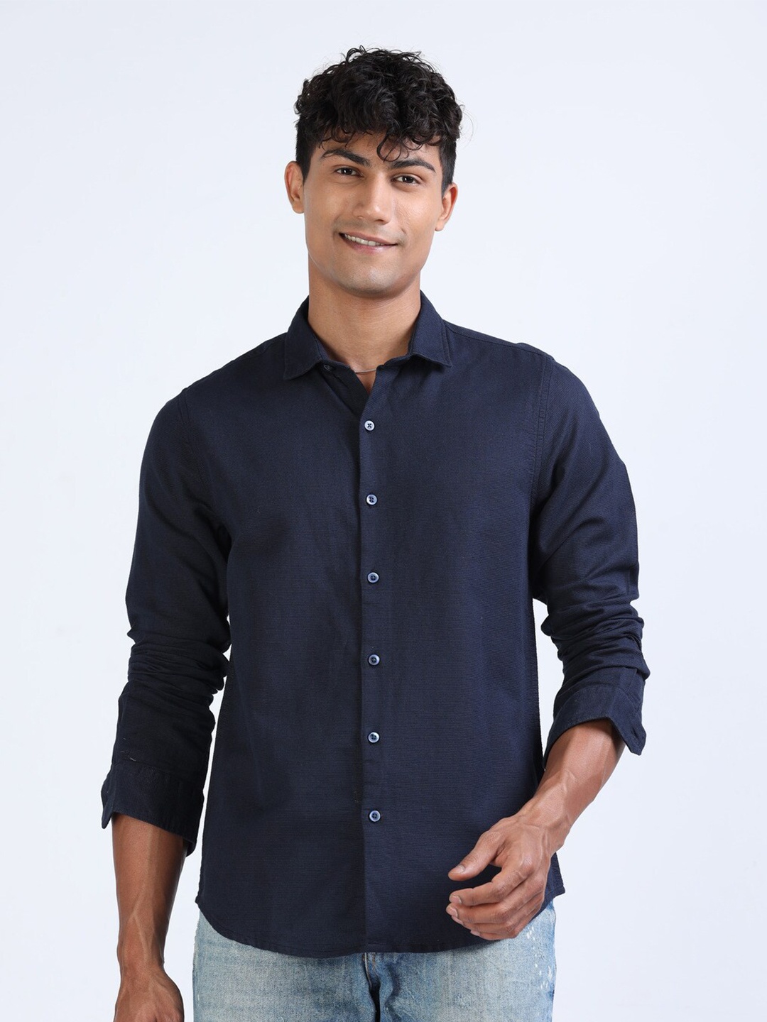 

FLY 69 Premium Slim Fit Casual Dobby Cotton Shirt, Navy blue